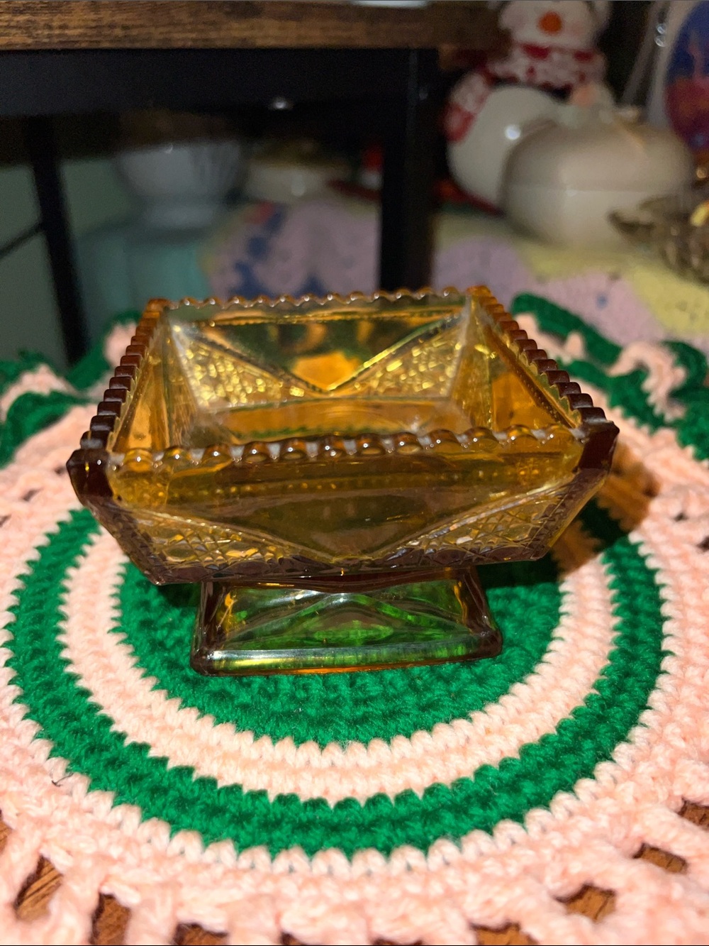 VTG Amber Carnival Glass Nut Candy Bowl Rippled Rim Detailed Design Square - Picture 8 of 10